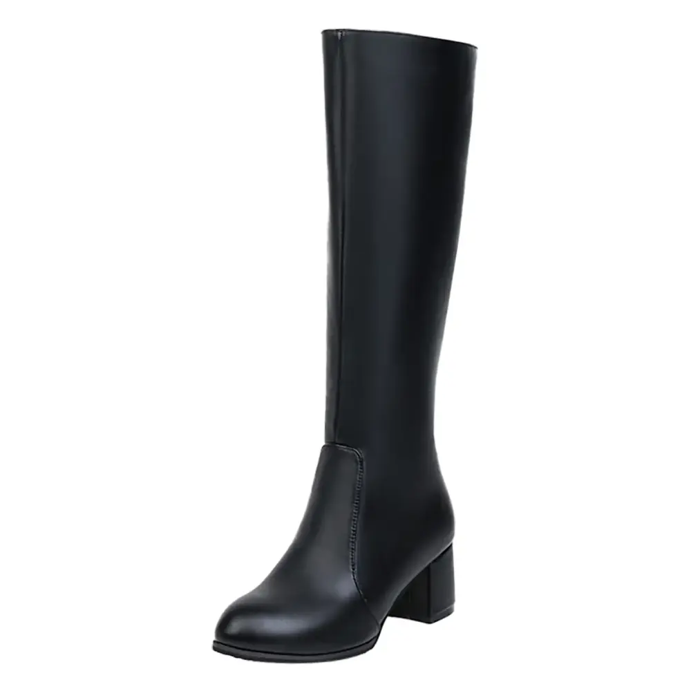 2024 Women'S Autumn And Winter New Round Thick Heel Leather Side Zipper Middle Bootsmotorcycle Boots Shoes For Women