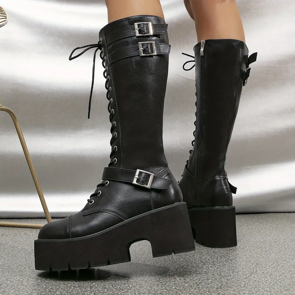 ASSR Women's Solid Color Boots Lace Up Side Zipper Platform Buckle Decor Motorcycle Boots Trendy High Knee Comfy Shoes Gift