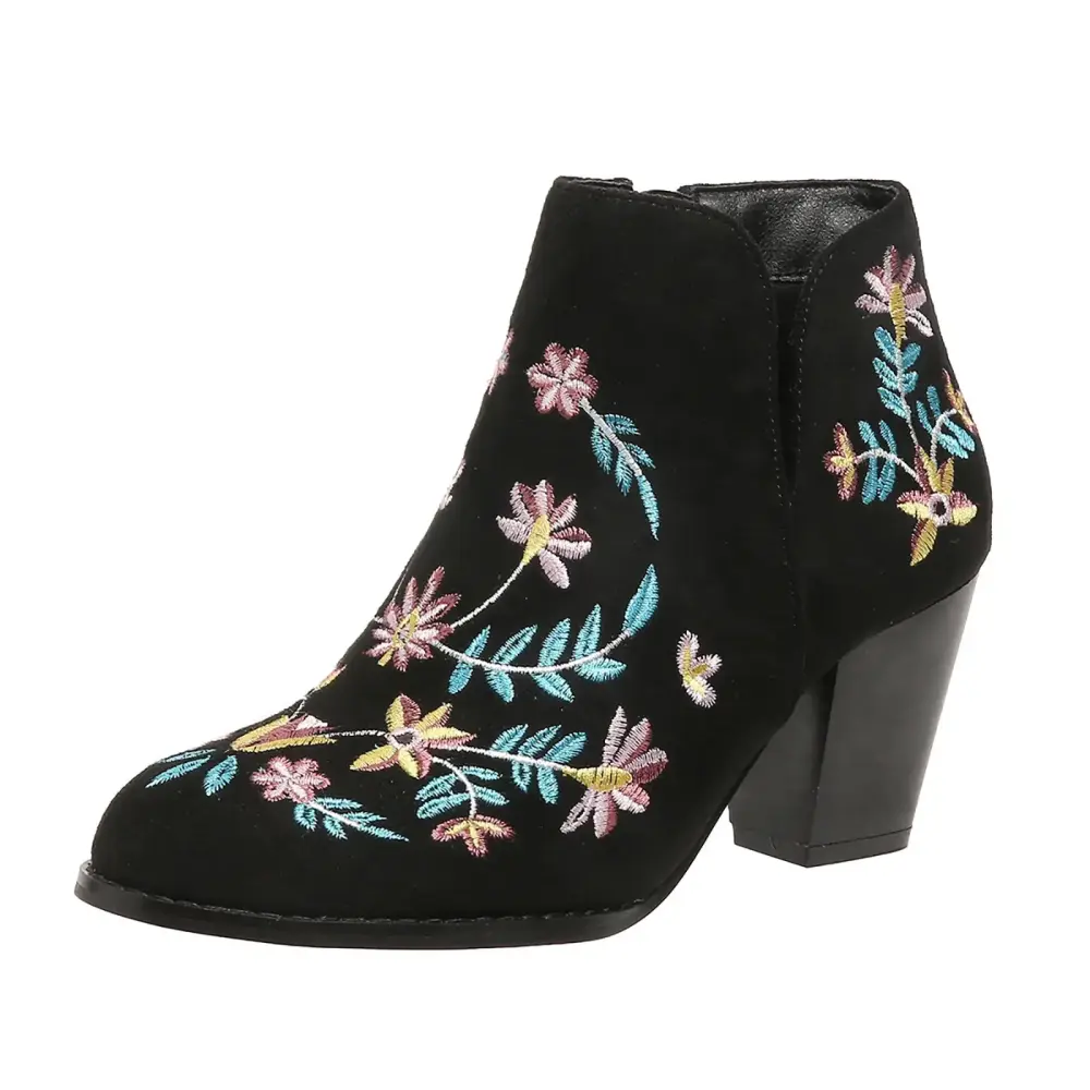 Fashion Women Flock Autumn Square Heels Zipper Flower Embroidery Short Booties Round Toe Shoeswomens Motorcycle Boots Shoes For Women