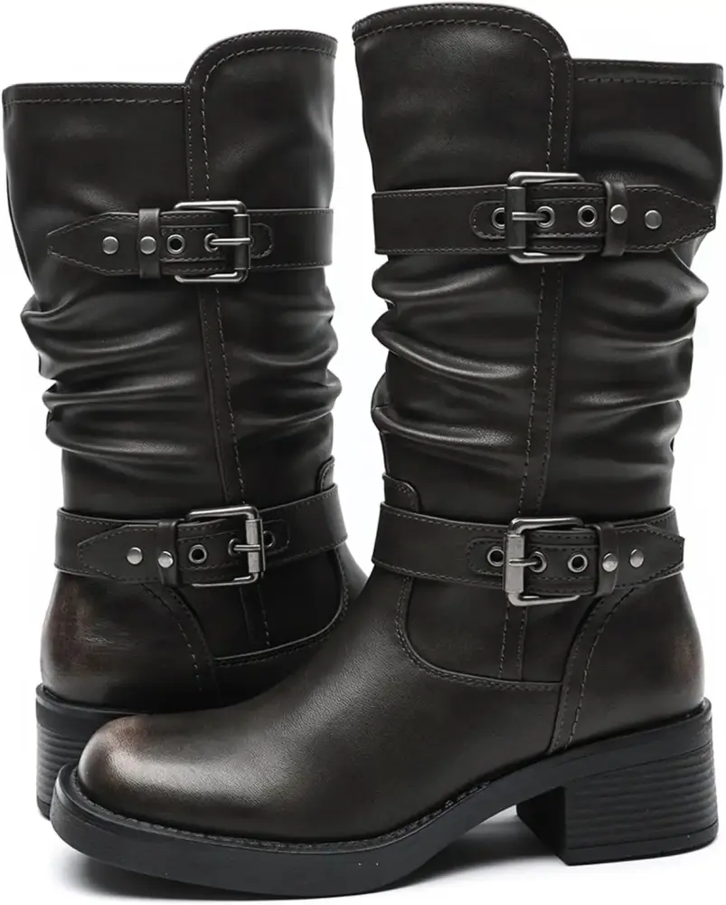 LIUJI Women's Motorcycle Boots Fall Fashion Mid Calf Boots For Women Square Toe Low Heel Size 10M