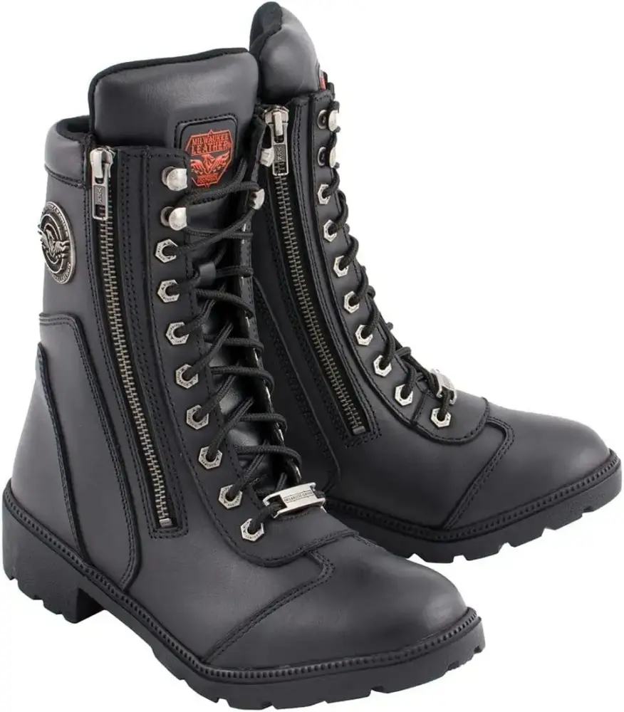 Milwaukee Leather MBL9301 Women's Black Lace-Up Motorcycle Biker Riding Boots with Side Zipper Entry - 8