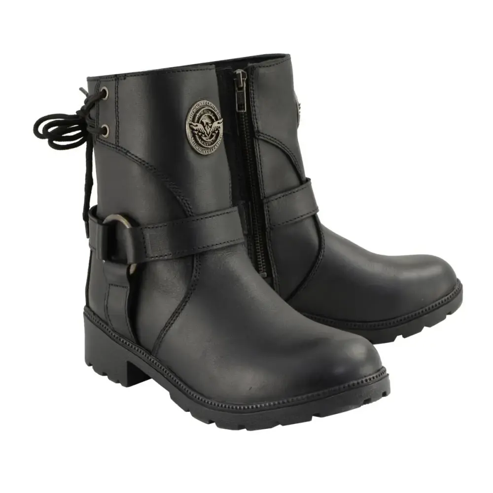 Milwaukee Leather MBL9313 Women's Black Leather Harness Zip-Up Motorcycle Rider Boots w/ Back Laces 10.5