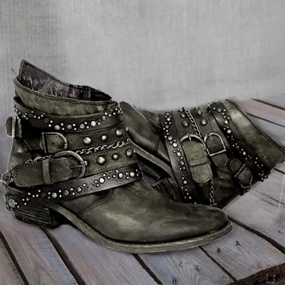 POROPL Army Green Boots for Women Wide Calf Pointed Toe Motorcycle Faux Leather CowRetro Vintage Boots for Lady Size 35(US:4.5)
