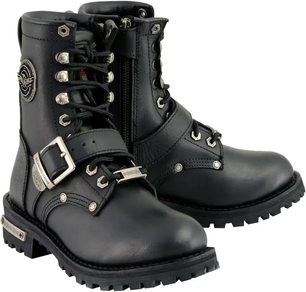 SHUIMINGXING MBL201 Women's Black Leather Lace-Up Motorcycle Rider Boots w/Buckles