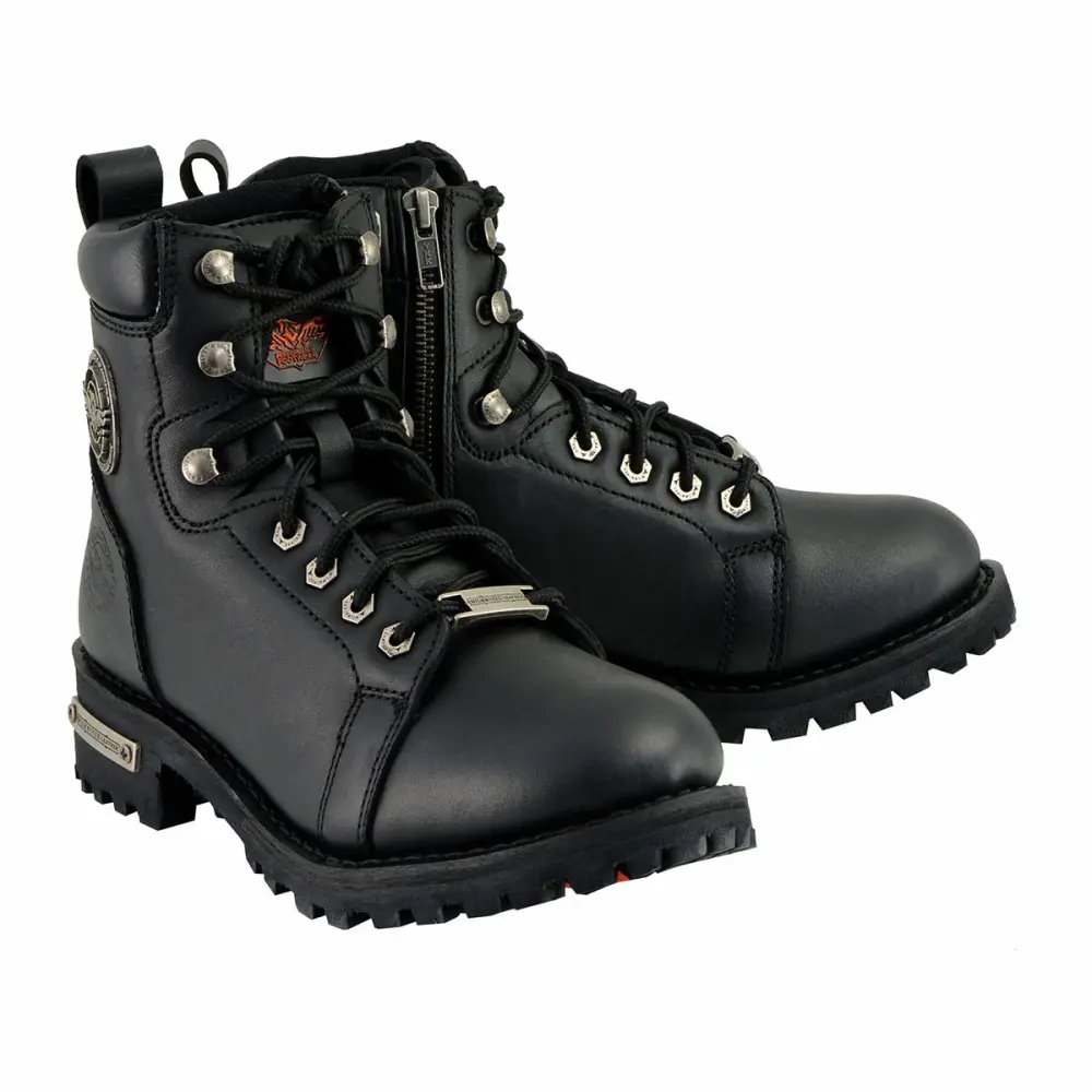 Milwaukee Leather MBL200 Women's Black Leather Lace-Up Motorcycle RiderBoots w/Side Zipper 6