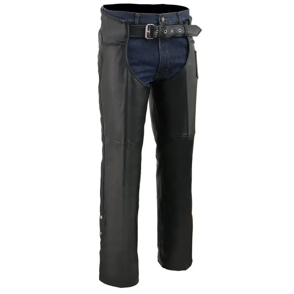 Milwaukee Leather Chaps for Men's Black Thick Braided Naked Soft Leather -Front Coin Pocket Motorcycle Chap- ML1135 3X-Large