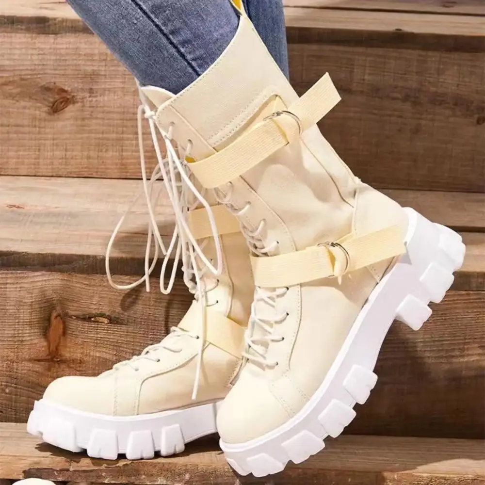 Juebong Boots Deals Canvas High-Top Solid Color Platform Western Round Toe Lace-Up Motorcycle Boots