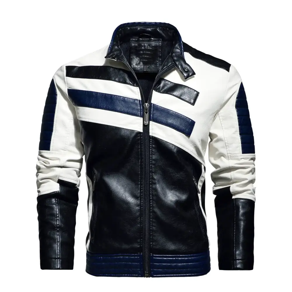 Beppter Men Winter Fashion Stripe Plus Velvet Jackets Stand Collar Warm Long Sleeve Motorcycle Coats with Pockets