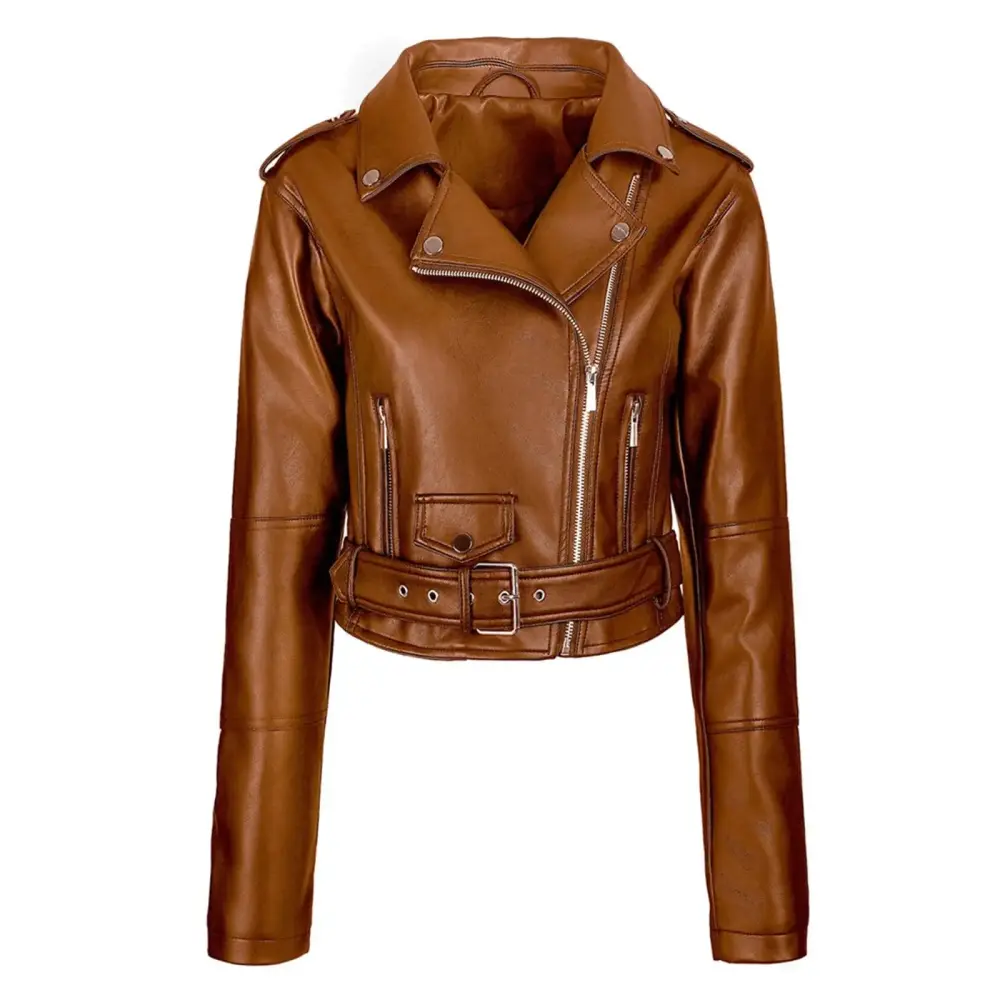Dzwdwz 2024 Leather Jackets for Women Motorcycle Faux PU Moto Biker Outwear Loose Fit Long Sleeves Coat Tops - Coffee