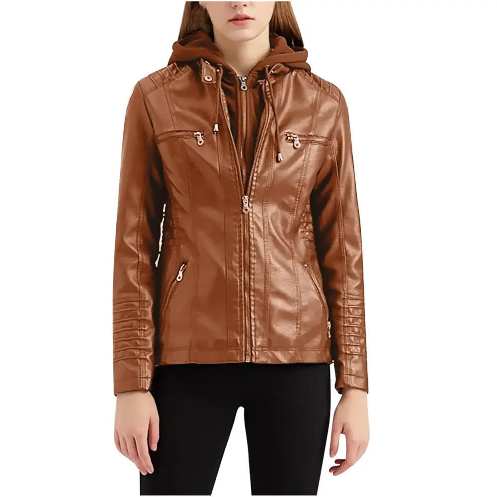 AOOCHASLIY Ladies Coat Clearance Women's Slim Hoode Leather Stand Collar Zip Motorcycle Suit Coat Jacket Tops