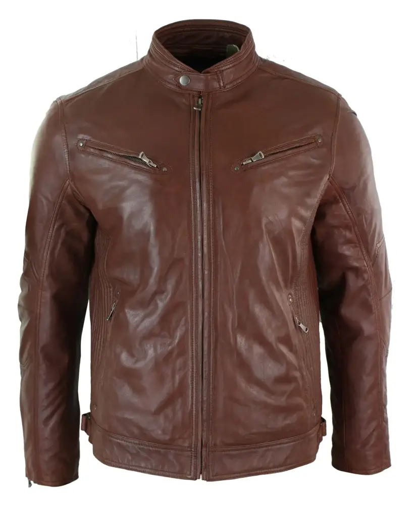 Infinity Men's Black Tan Brown Zipped Biker Jacket - MGW-11659