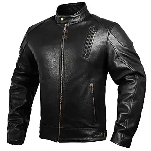 Mens Leather Motorcycle Jackets Black Moto Riding Motorbike Racing Cafe Racer Biker Jacket CE Armored (S)