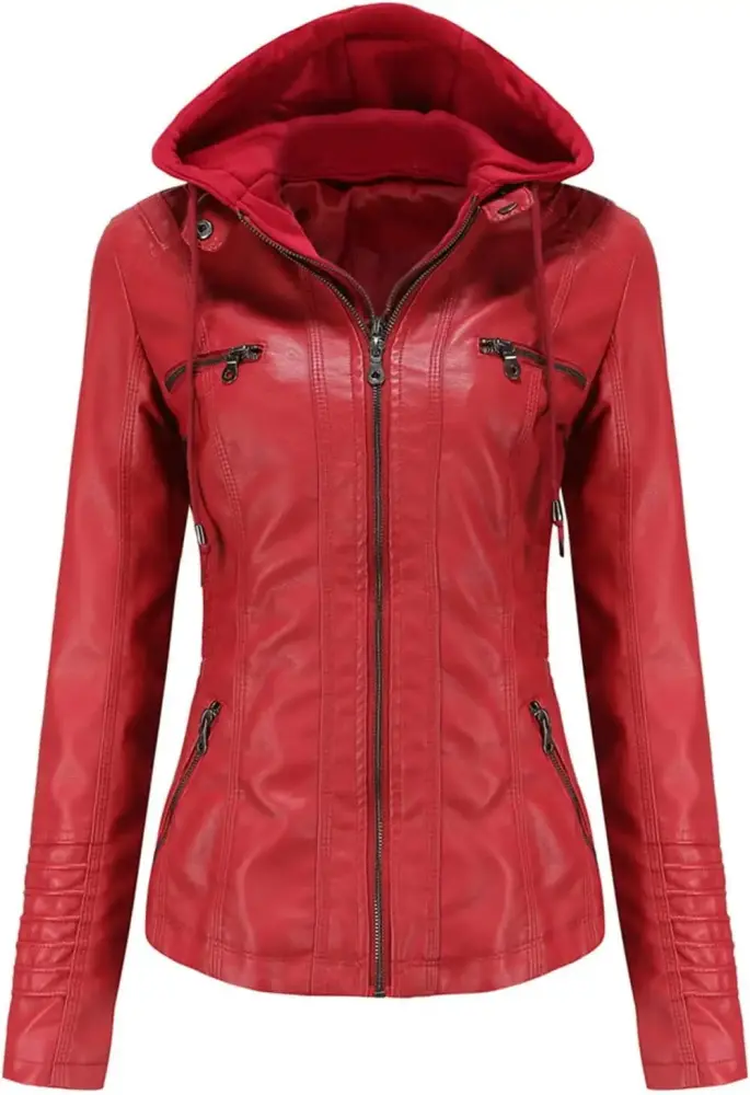 Women'S Removable Faux Leather Jacket Hooded Pu Leather Moto Biker Jacket Coat Bomber Motorcycle Outerwear