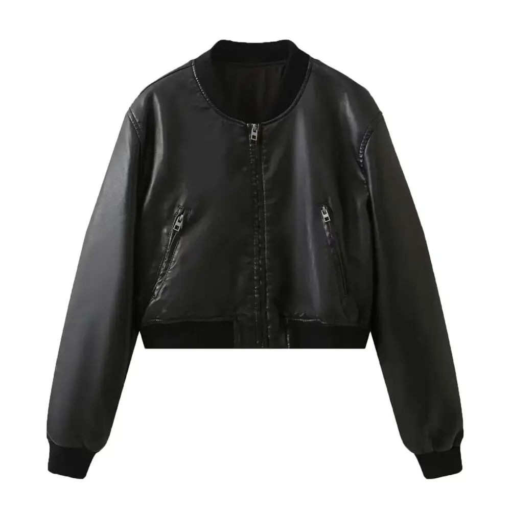 2024 Hot Girl Motorcycle Imitation Leather Jacket Top Stand Collar Short Coat