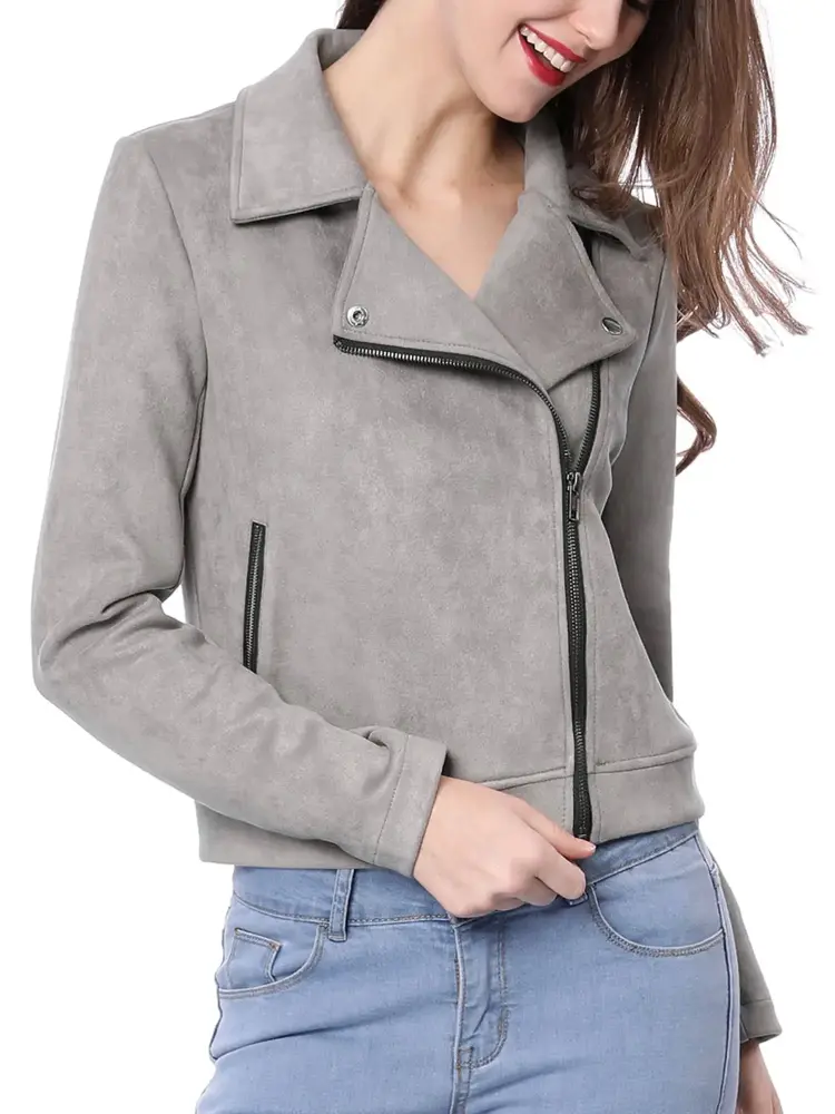 Allegra K Women's Faux Suede Long Sleeve Zip Up Moto Biker Jacket