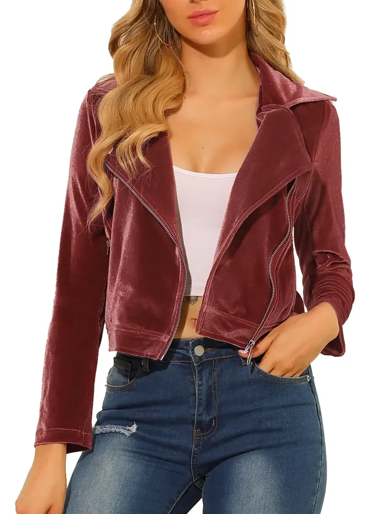 Allegra K Women's Velvet Notched Lapel Zipper Cropped Motorcycle Jacket