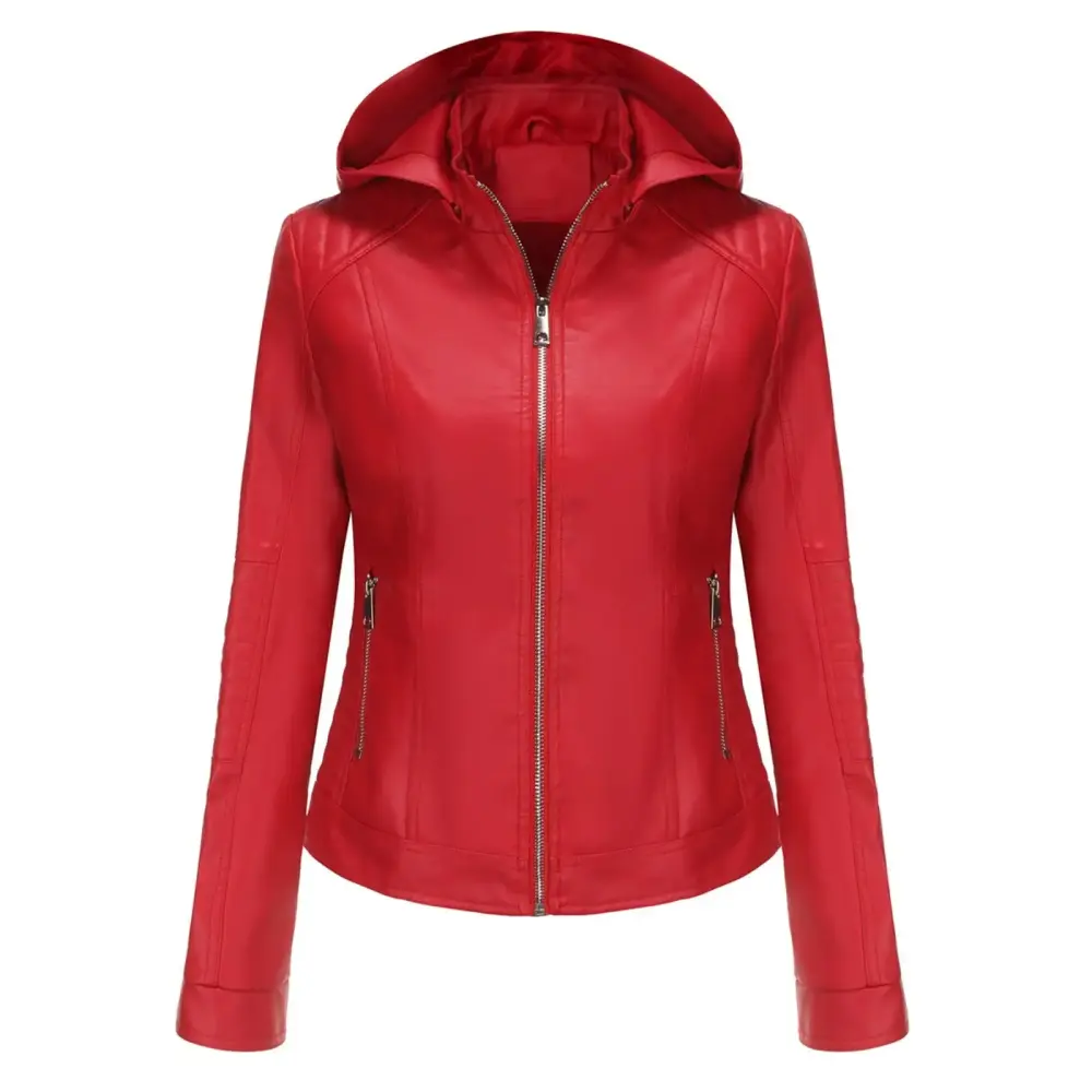 Besolor Leather Hooded Jacket for Women Classical Long Sleeve Zip-Up Slim Motorcycle Biker Coat Lightweight Fall Outwear