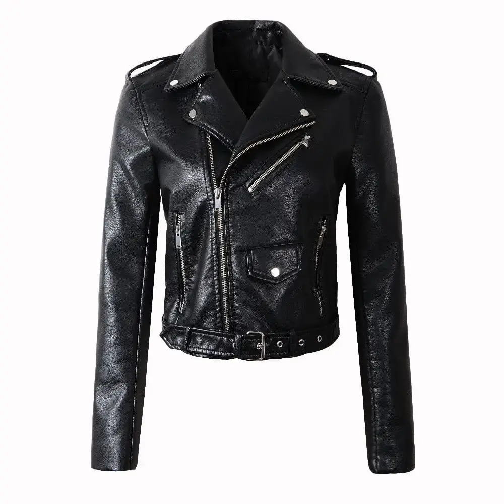 ERTUTUYI Women Ladies The Belt Fashion Leather Racing Style Biker Jacket Black S