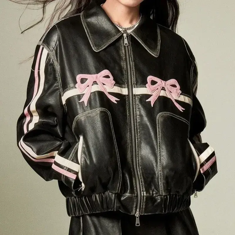 New Bow Y2k Motorcycle PU Leather Jacket Fashion Women Zipper Polo-neck Sweet Cool Coat 2023 Autumn Vintage Street Oversize Top