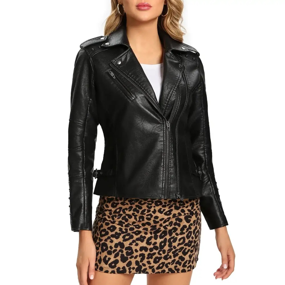 S P Y M Womens Faux Leather Jacket. Double Zip Up Coat. Moto Biker Outwear with Rivets.Regular and Plus Size