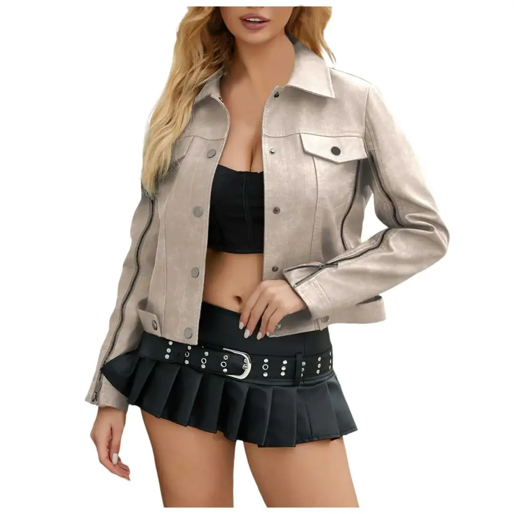 Women Fashion Zipper Motorcycle Jacket Long Sleeve Cardigan Leather Jacket