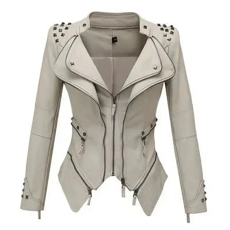 Women Smooth Motorcycle Faux Leather Jackets Ladies Long Sleeve Biker Streetwear Black Pink Coat