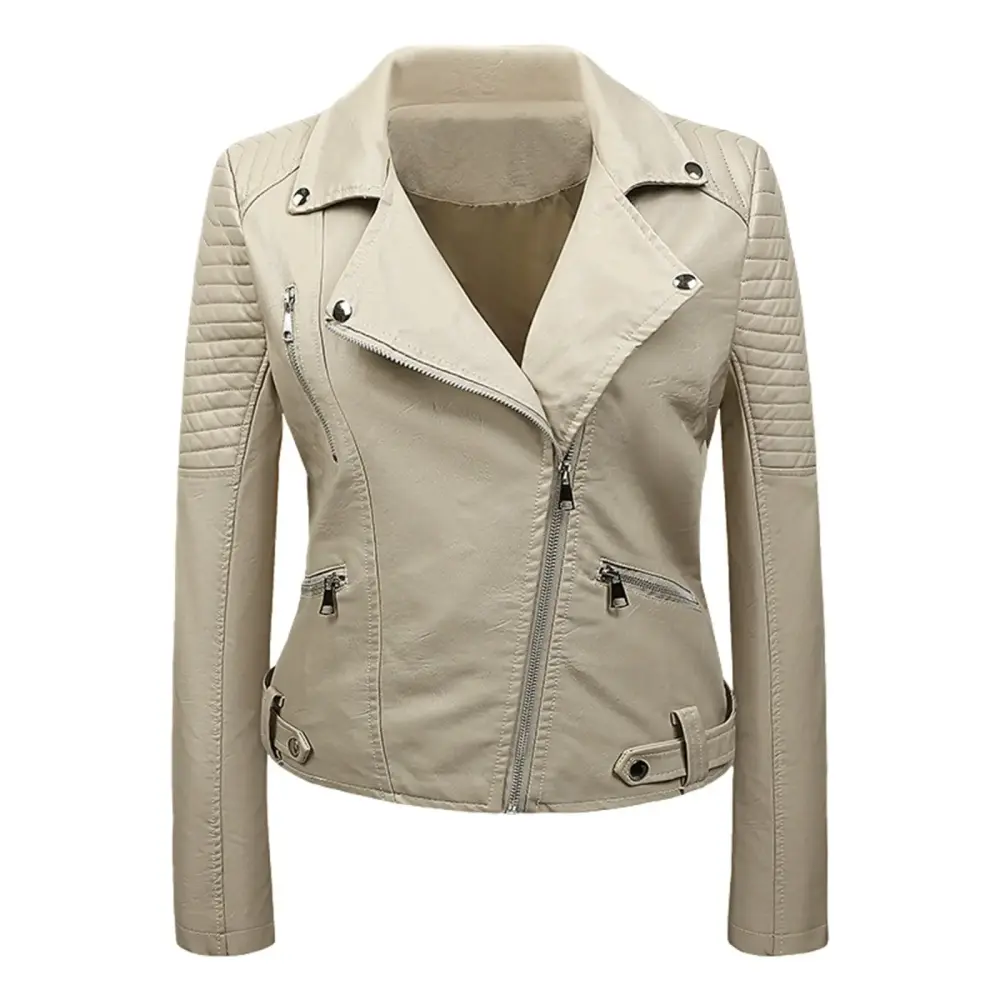 Womens Solid Color Short Leather Suit Pockets Leather Motorcycle Jacket