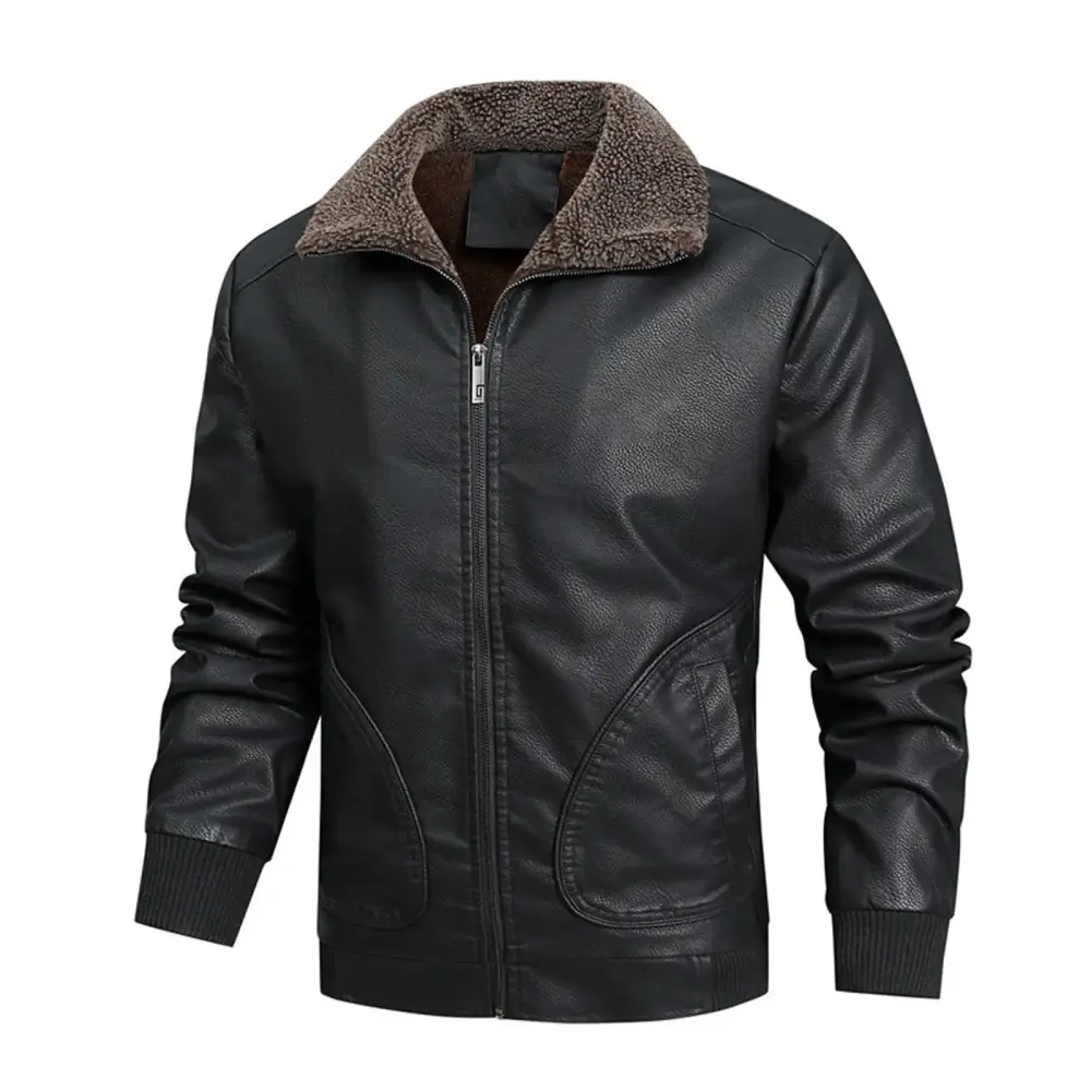 Awdenio Winter Warm Coats Men's Winter Long-sleeved Leather Motorcycle Jacket Zipper Coat Long Sleeve Hoodless Faux Leather Outwear & Jackets.Size M-3XL