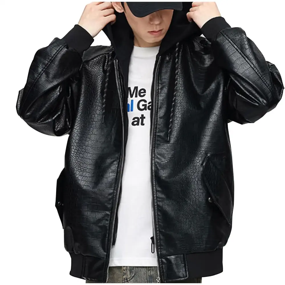 Leather Motorcycle Jacket for Men Men Coat Deals Fashion Solid Color Zipper Pocket Hooded Long Sleeve Hooded Leather Outwear Christmas Gift Black M-3XL