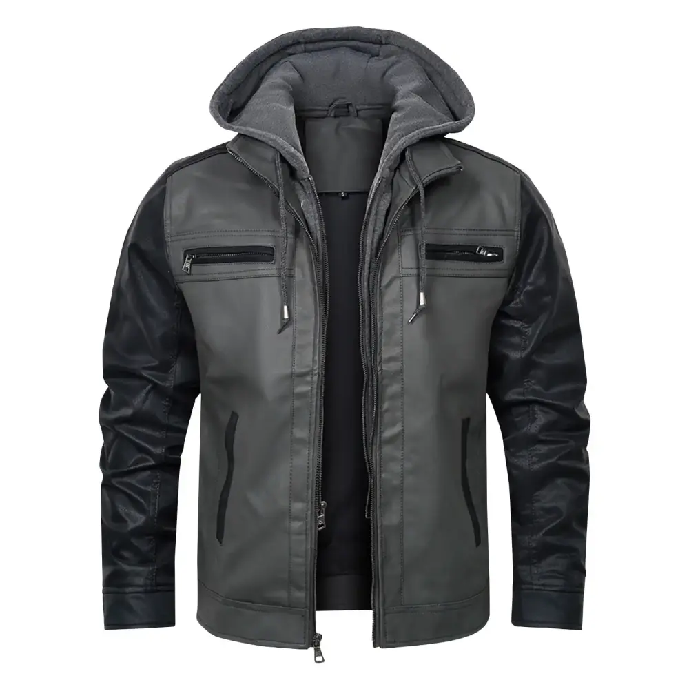 SSAAVKUY Men's Faux Leather Motorcycle Jacket Waterproof PU Vintage Bomber with Removable Hood Faux Leather Jacket Biker Jacket Black 4