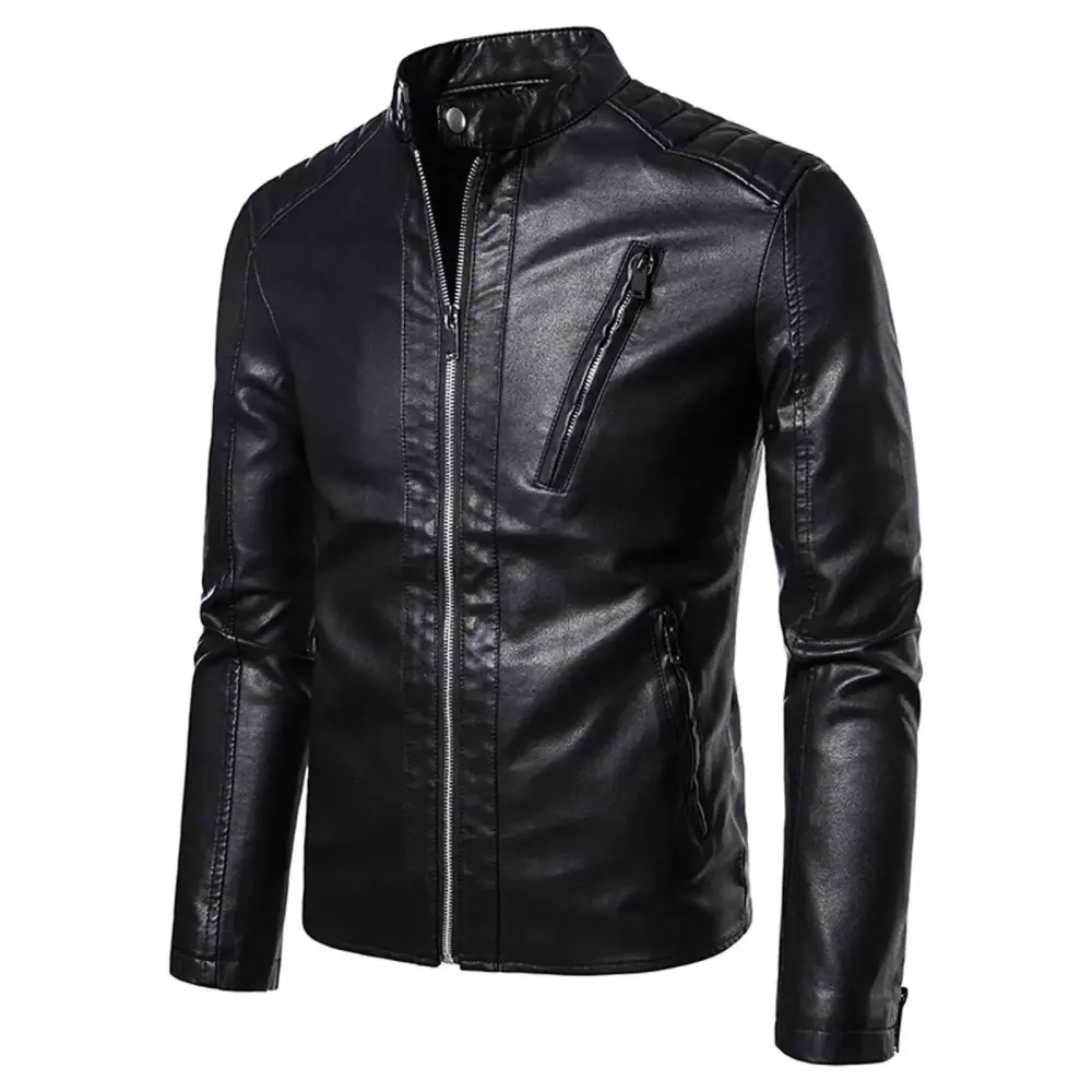Tawop Man Coat Leather Outerwear Coats Motorcycle Long Sleeve Mid-Length Easy Care Cyberpunk Jacket Black Jacket L