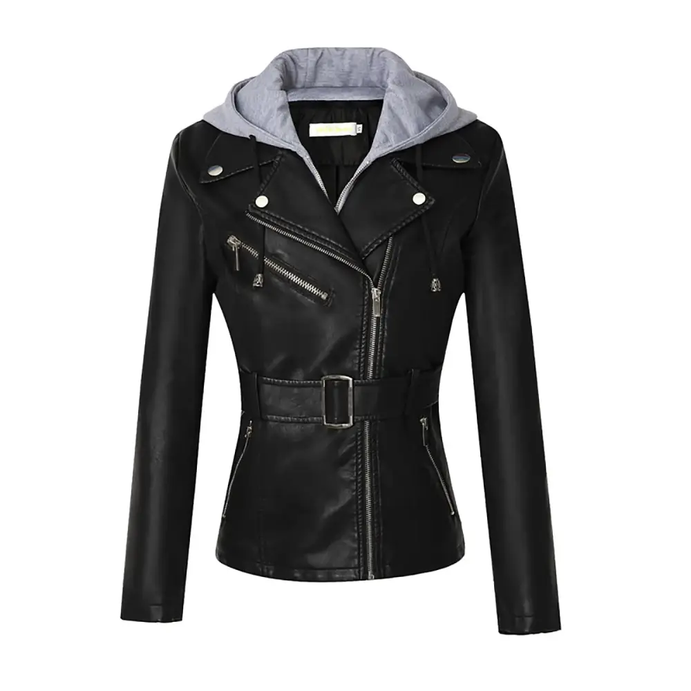 Lovskoo Women's Hooded Faux Leather Jacket Moto Biker Coat Motorcycle Outerwear Fall Jackets for Women 2023 Black 2XL
