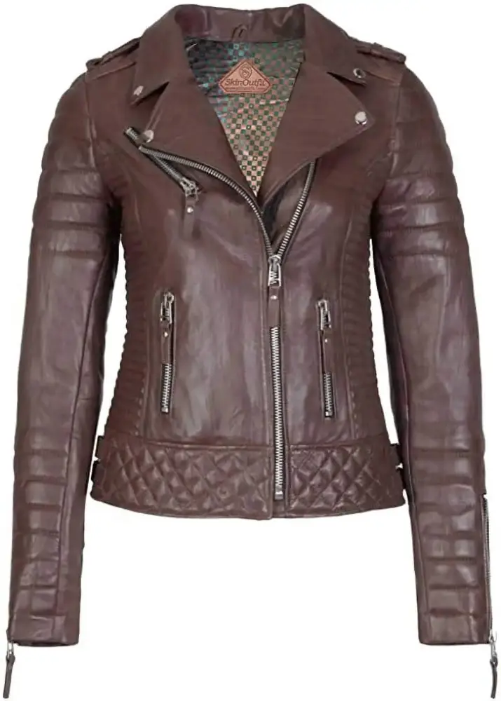 SkinOutfit Women Motorcycle Leather Jacket Genuine Lambskin Caf�� Racer Biker Outerwear XS Brown