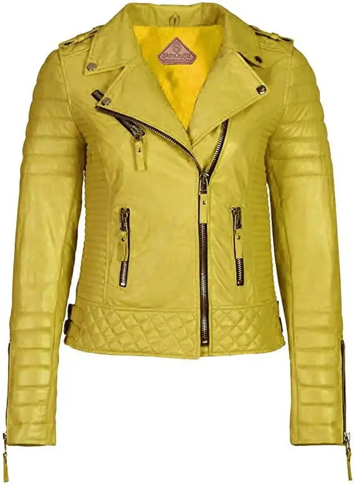 SkinOutfit Women Motorcycle Leather Jacket Genuine Lambskin Caf�� Racer Biker Outerwear XS Yellow