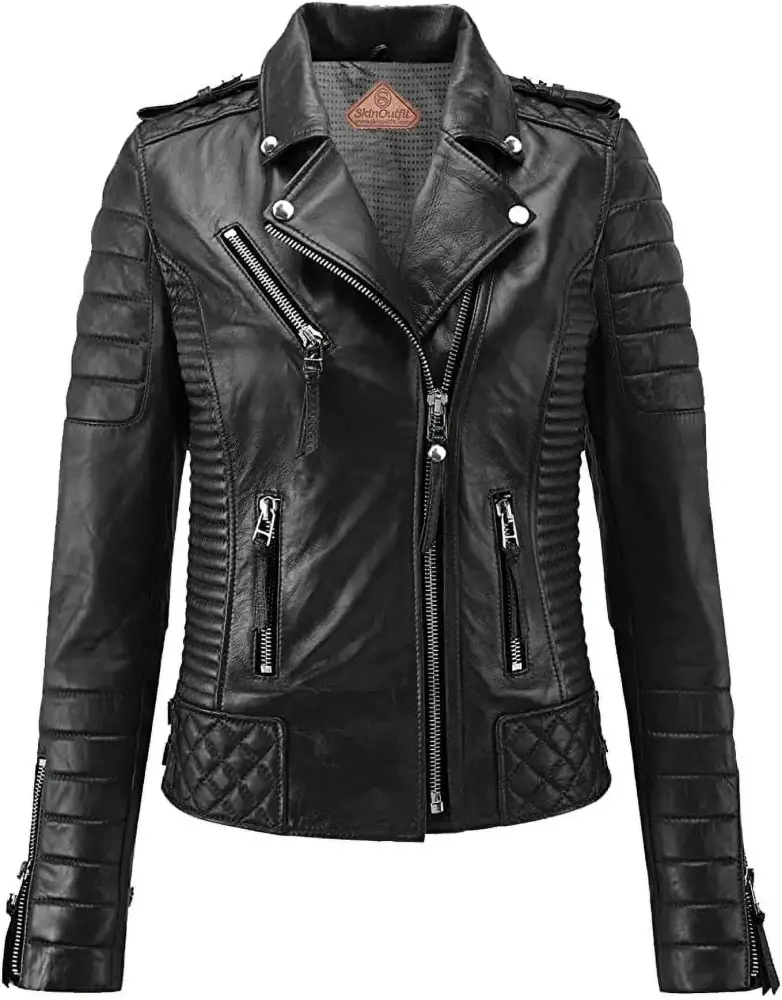 SkinOutfit Women's Motorcycle Leather Jacket Genuine Lambskin Caf�� Racer Biker Outerwear XS Black