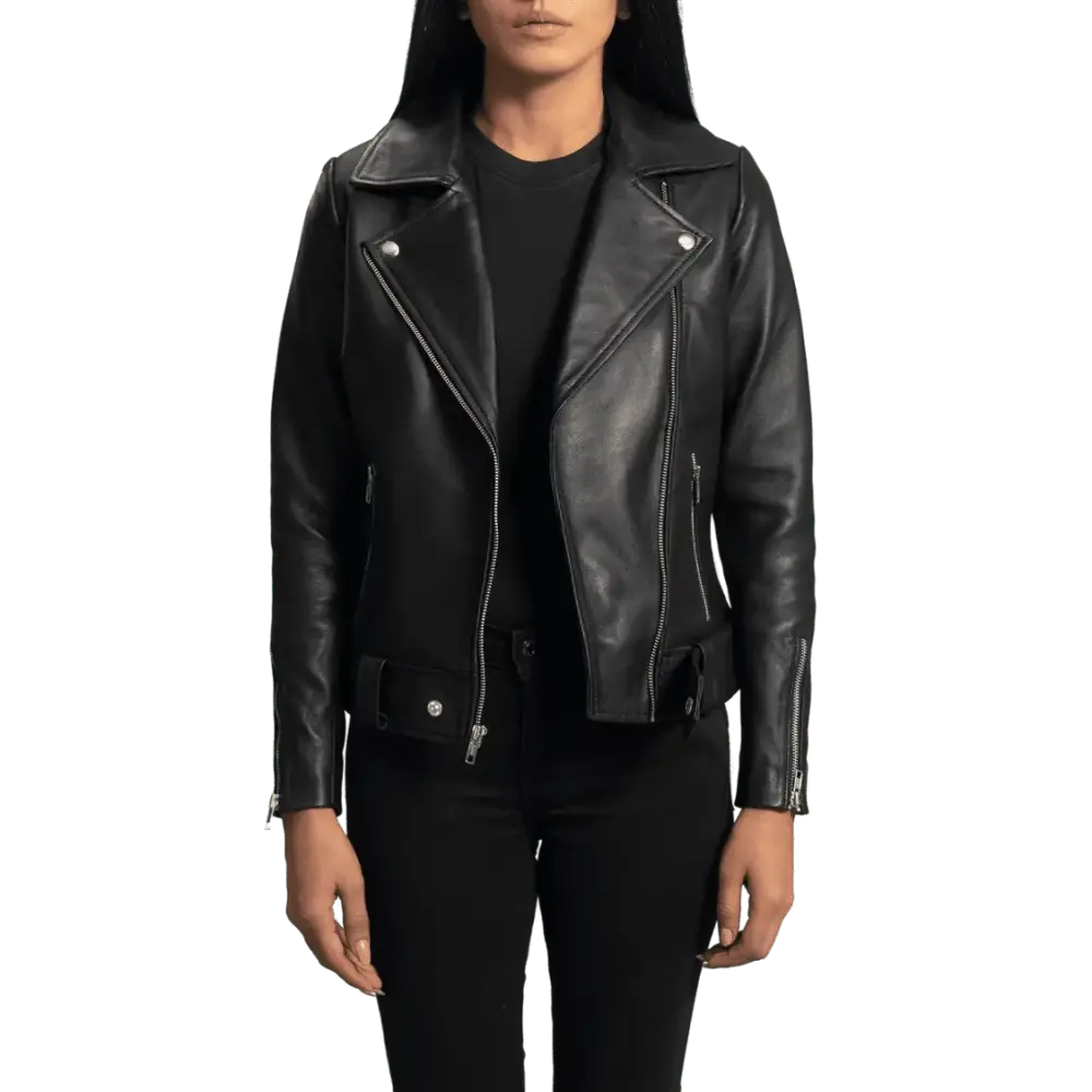 Luis Women's Leather Belted Jackets. Zip Up Motorcycle Short Moto Biker Outwear Fitted Slim Coat Small