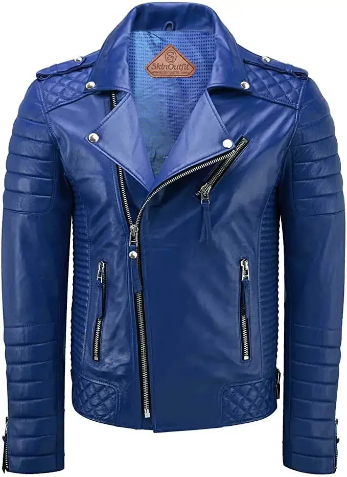 SkinOutfit Men's Motorcycle Leather Jacket Genuine Lambskin Caf�� Racer Biker Outerwear XS Royal Blue
