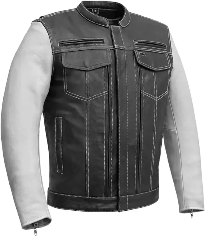 First Mfg Co - Vincent - Men's Motorcycle Biker Riding Black White Leather Jacket - 2X Large - Action Back Armor Pockets Gussets Vented