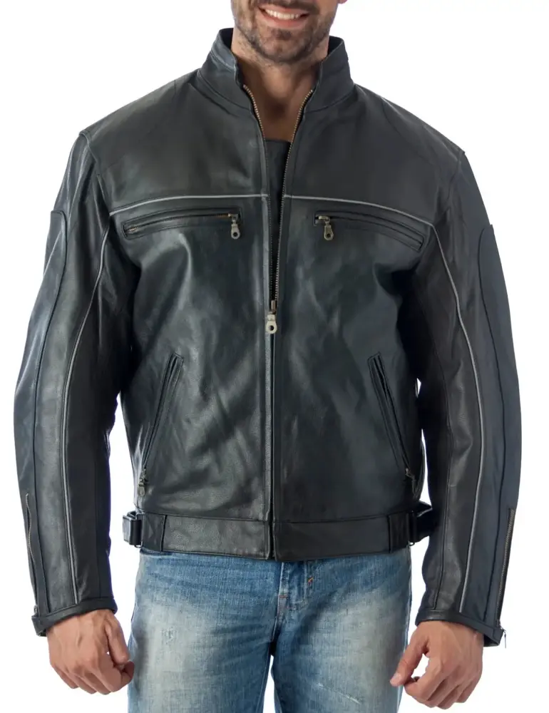 Reed Mens Vented Leather Motorcycle Jacket with Light Reflector (2X-Tall)