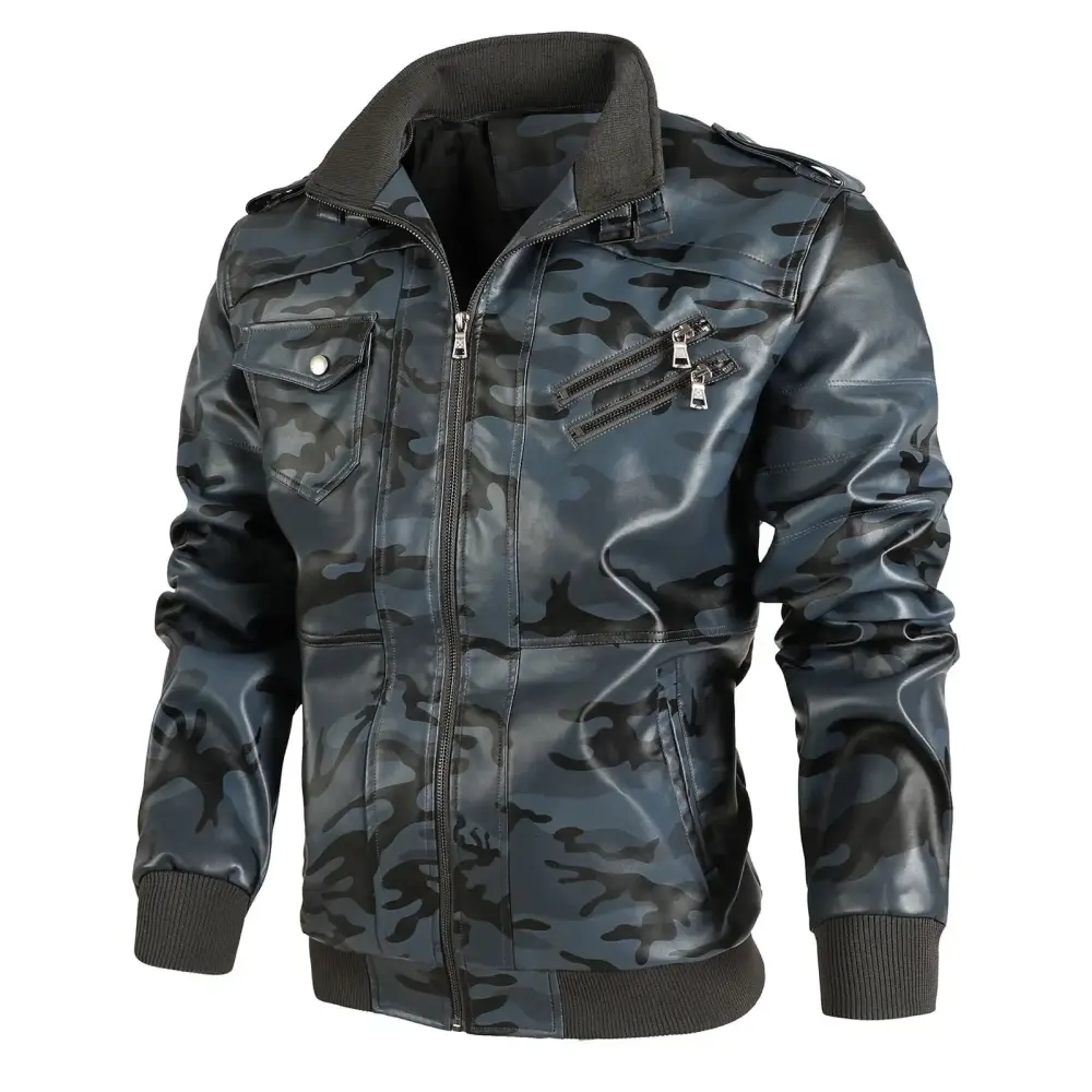 Rloper-Lop Men's Leather Motorcycle Jackets Stand Up Collar Coats Zipper Vintage Casual Outdoor Windbreaker Tops Fashion Long Sleeve Outerwear Dark Blue XXL