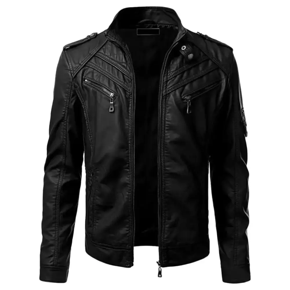 Chenyuanyuan Winter Jackets for Men Black Winter Imitation Leather Jacket Biker Motorcycle Zipper Long Sleeve Coat Top