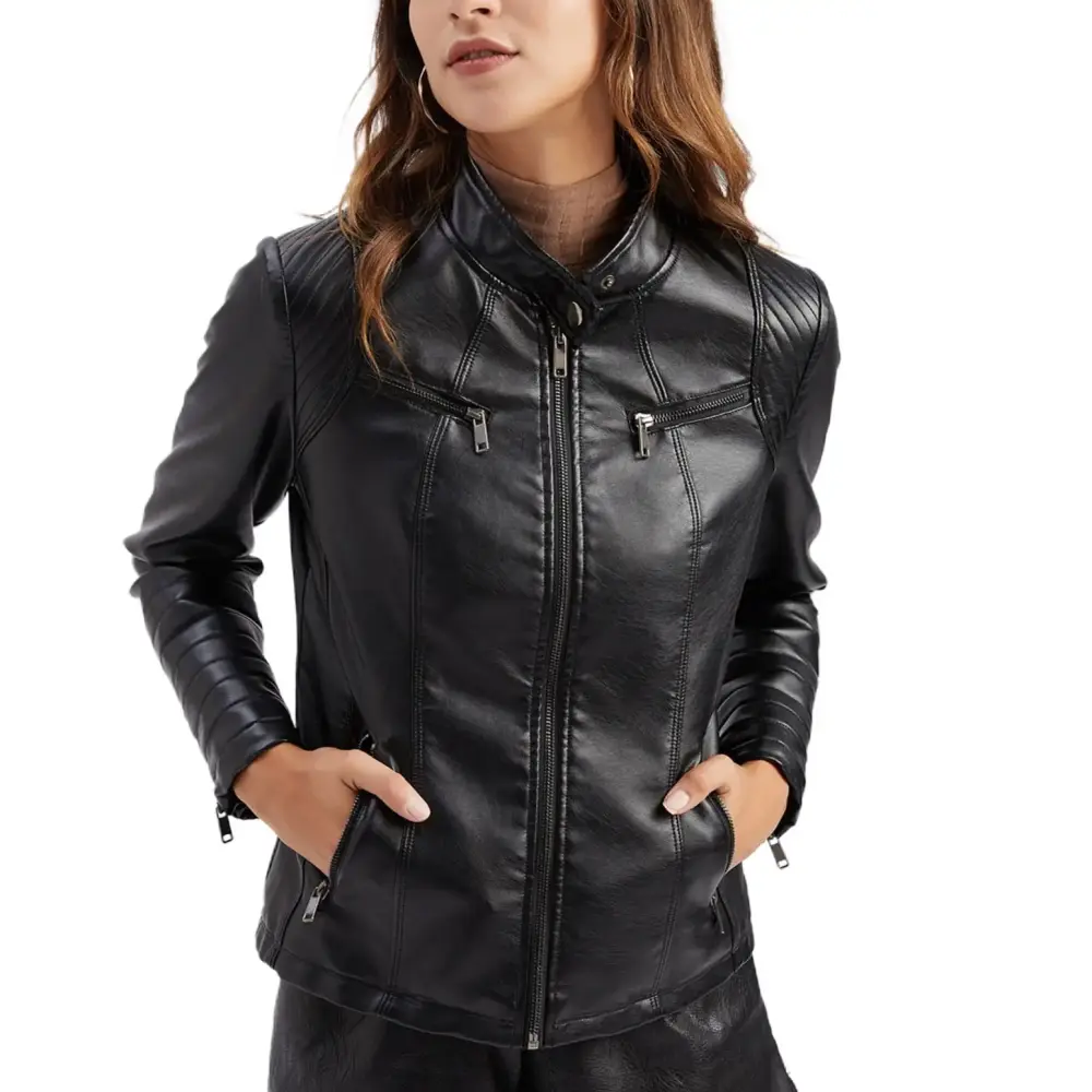 Defitshape Women's Faux Leather Jacket Motorcycle Jackets Winter Long Sleeve Zip Up Vintage Slim Fit Moto Jacket Black Large