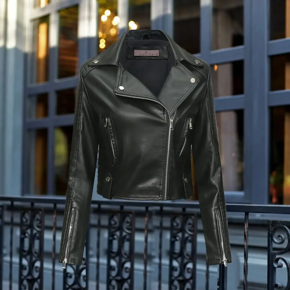 Uinagy Women Motorcycle Jacket Solid Color Lapel Zip Pocket Long Sleeve Belted Slim Fashion Coat Punk Short Outerwear