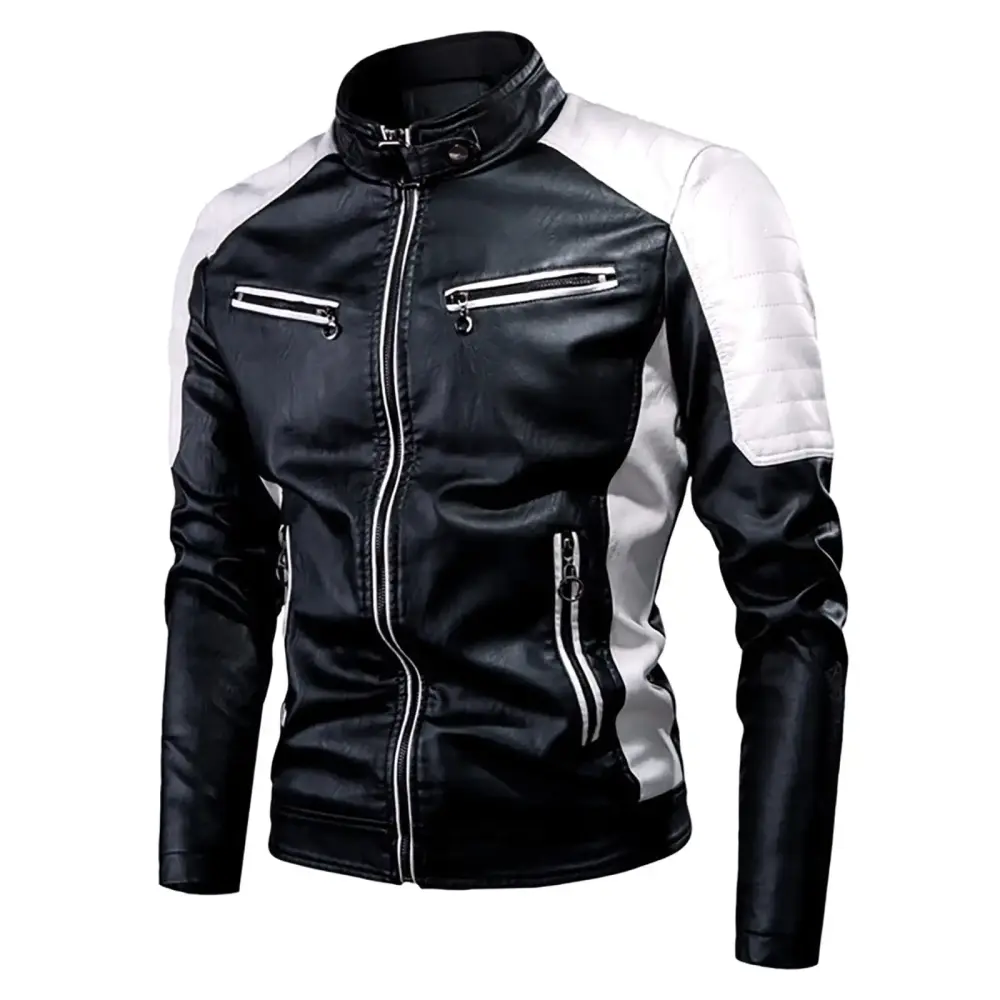 YDKZYMD Men's Faux Leather Jackets Motorcycle Biker Jacket Long Sleeve Coats Military PU Color Block Leather Tops For Men Black 3XL