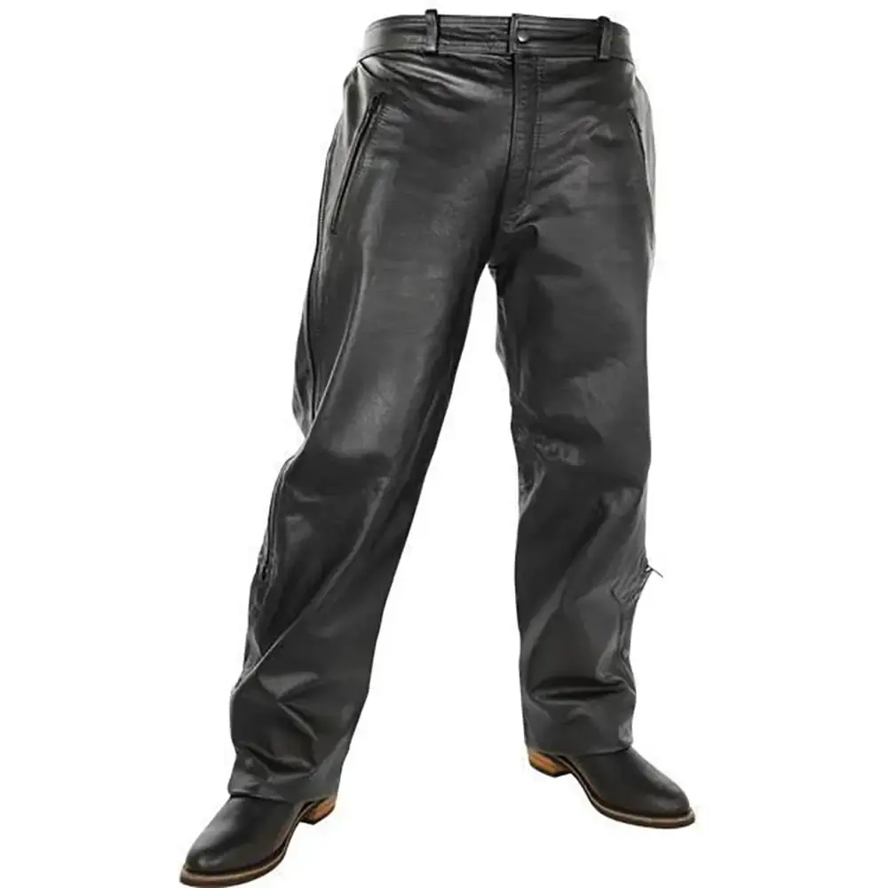 Xelement B7440 Men's Black Leather Motorcycle Over Pants with Side Zipper and Snaps 30