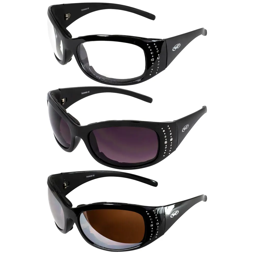 3 Pairs of Global Vision Marilyn-2 Plus Women's Motorcycle Sunglasses Bling Black Padded Frames with Clear Smoke & Driving Mirror Lenses