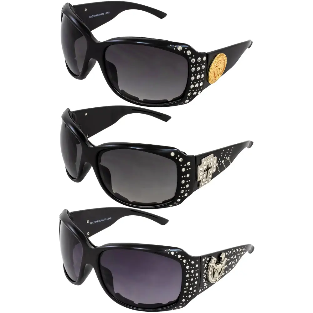 Rodeo Queen 3 Pairs of Motorcycle Sunglasses for Women Fashionable Bling Foam-Padded Black Frame w/ Rhinestones & Smoke Gradient Lenses
