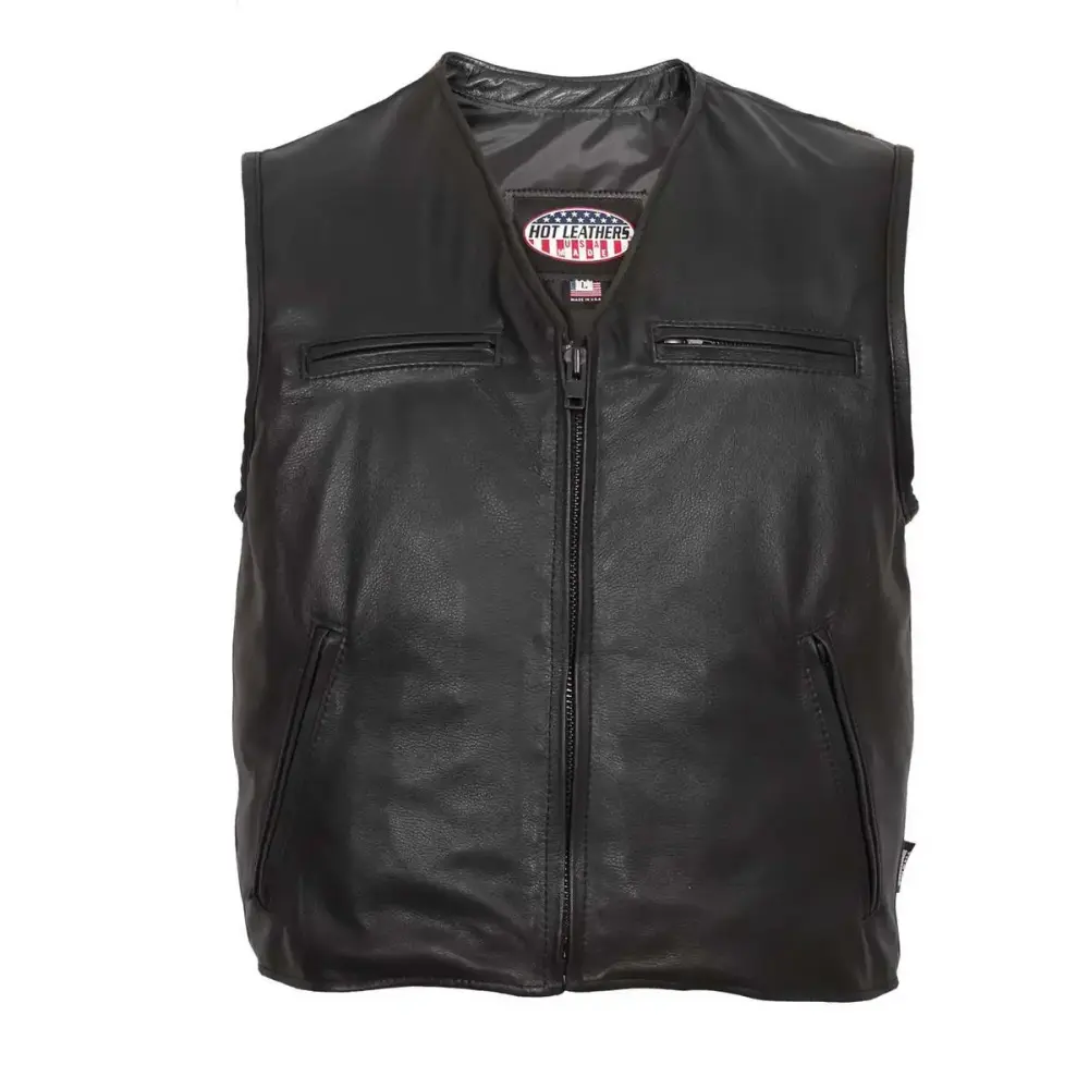 Hot Leathers VSM5009 USA Made Men's Black V-Neck Premium Leather Zippered Vest Medium