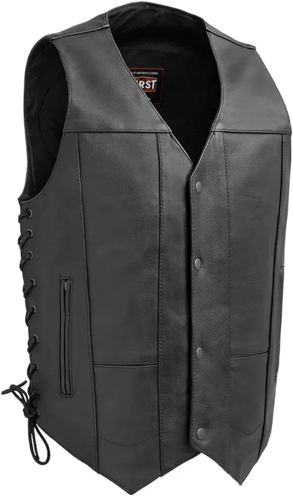 First Mfg Co - Top Biller - Men's Motorcycle Biker Riding Black Leather Vest - Small - Adjustable Lacing
