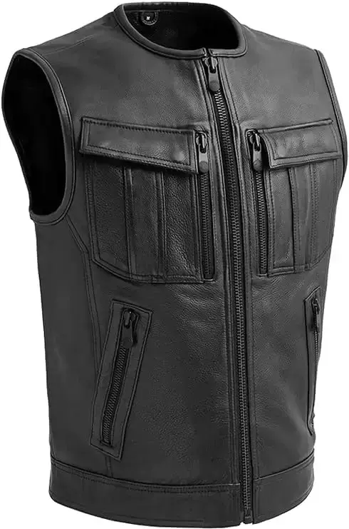 First Mfg Co - Unbeatable - Men's Motorcycle Biker Riding Black Leather Vest - 2X Large - Armor Pockets